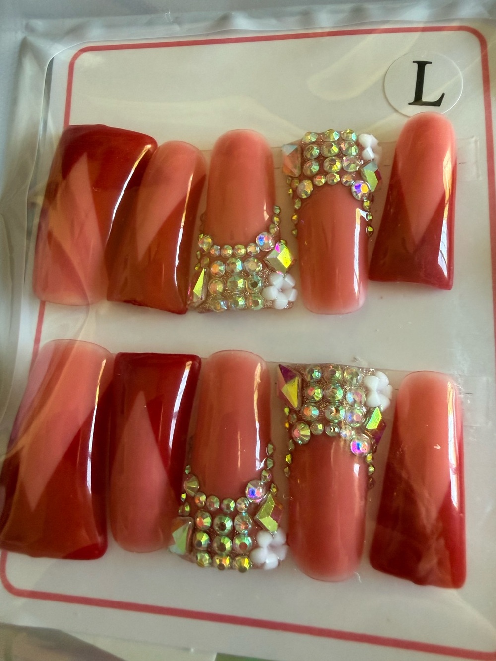 Rhinestone Ombre Press-On Nail Set - Coral Red Gradient